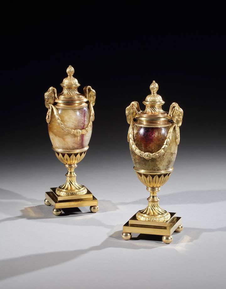 A Pair of Ormolu Mounted Blue John Goat’s Head Candle Vases